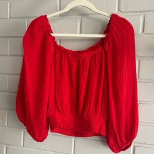 Michael Stars Red Cotton Gauze Crop Square Neck Flowy 3/4 Sleeve Bell Sleeve Top